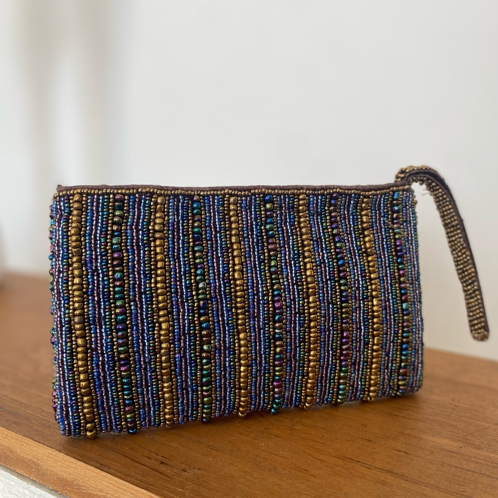 Suzie Blue beaded boho artsy wristlet or clutch